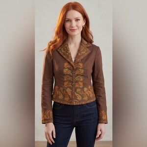 PICASSO Boho Brown Orange Green Paisley Embroidered 2 Button Crop Jacket Small